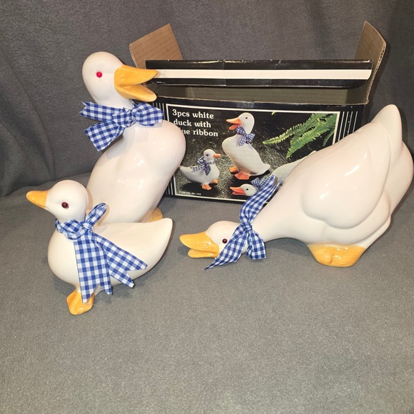 Unbranded Other - Vintage 3pc Ceramic White Duck Figurine Set Blue Gingham Ribbon Farmhouse 44-143